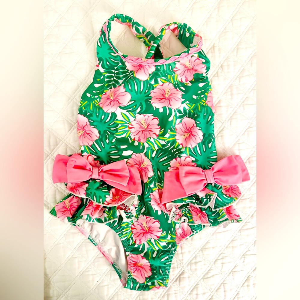Classic Whimsy Tropical Hot Pink & Green Floral One Piece Swimsuit Girls 4T
